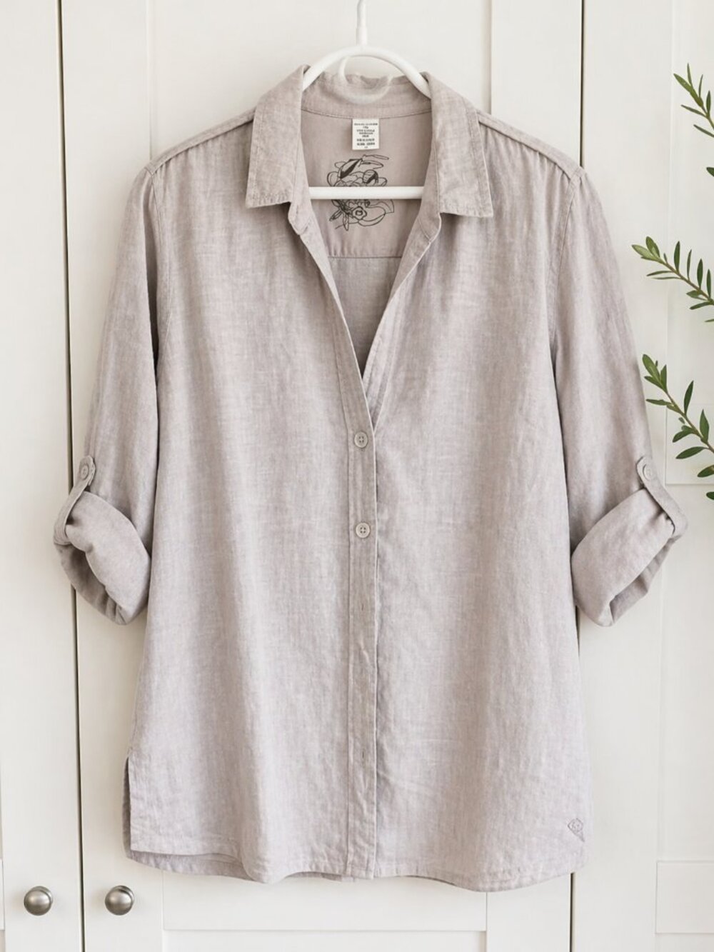 100% Linen Button Down Shirt Light Taupe Beige Tailored Size US 10 OLSEN